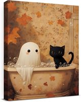 Tableau mural toile Halloween automne : Fantôme et chat noir dans la baignoire – Décoration vintage chaleureuse pour salle de bain, impression encadrée, décor mignon et effrayant