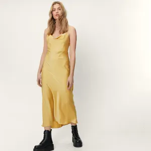 OEM ODM-Vestido largo de satén de boda para invitados, traje informal de poliéster amarillo, con botones, 2022