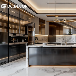 Système d'armoires <span class=keywords><strong>de</strong></span> cuisine Shaker moderne haut <span class=keywords><strong>de</strong></span> gamme, portes en panneaux mélaminés, <span class=keywords><strong>plan</strong></span> <span class=keywords><strong>de</strong></span> <span class=keywords><strong>travail</strong></span> en marbre cascade, design écologique, crédence - Product Image 1