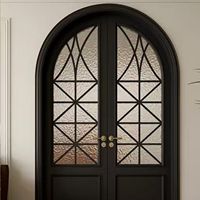 Porte vitrée arquée noire de style français avec grille, cadre en bois massif/PVC pour villa, hôtel, hôpital, salle à manger, entrée