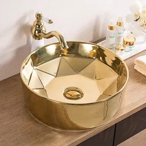 Lavabo grande de cerámica electrochapado en oro para hotel, encimera de baño, color dorado, precio barato