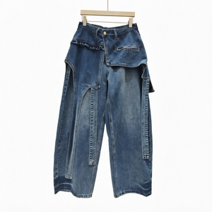 Jean cargo bleu à jambes larges, taille haute, en denim, décontracté, streetwear, pour femmes - Product Image 1