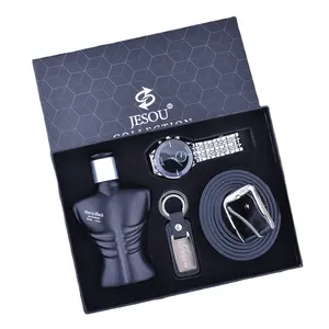 4-piece Gift set Business Quartz Watch + Perfume + Key chain + belt Men's luxury gift set