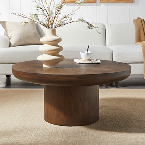 Modern Durable Round Coffee <b>Table</b> with Cylindrical Legs and Wood Veneer Top Rounded <b>Sofa</b> <b>Side</b> <b>Table</b> for Living Room & Office - Product Image 3