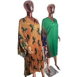 digital printed pleated Ankara silk kaftan caftan Shirt dress BouBou dress Evening wear gown plisse dress