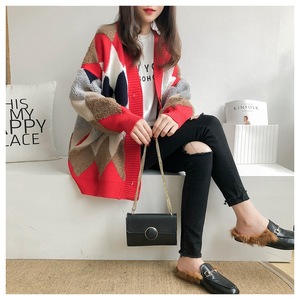 Femmes automne hiver 2023 manches bouffantes chandails décontracté ample col en v simple boutonnage <span class=keywords><strong>Plaid</strong></span> Cardigans - Product Image 4