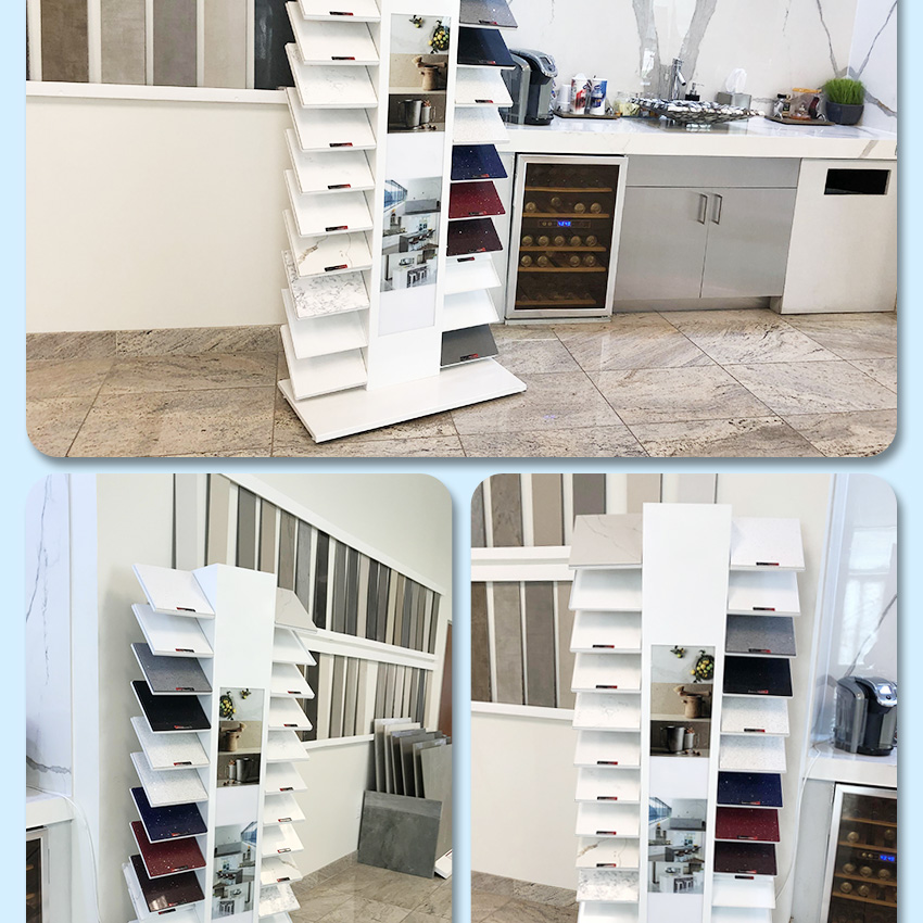 Hot Sale Factory Showroom Waterfall Luminous Quartz Marble Sample Display Stand Ceramic Tile Stone Display Floor Standing Rack