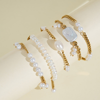 Bracelets ajustables pour femmes en acier inoxydable plaqué PVD 18 carats, hypoallergéniques, avec perles d'eau douce baroques ovales et carrées, chaîne gourmette de luxe