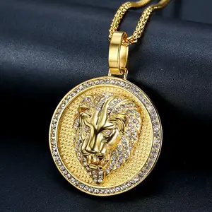 Luxury 18K Gold Stainless Steel Cubic Zirconia Necklace Box Chain Men CZ Lion Head Roun Pendant Necklace For Engraving