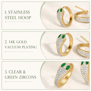 Pendientes de Aro con Serpiente de Circonio, Acero Inoxidable, Chapado al Vacío en Oro de 14K, Joyería con Serpiente de Ojo Verde - Product Image 3
