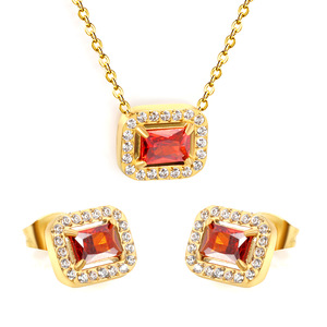 Parure Collier et Boucles d'Oreilles Rectangulaires Style Européen et Américain, Zircon Rouge Grenat, Bijoux de Soirée pour Femme, Pendentif Géométrique, Tonalité Or - Product Image 5