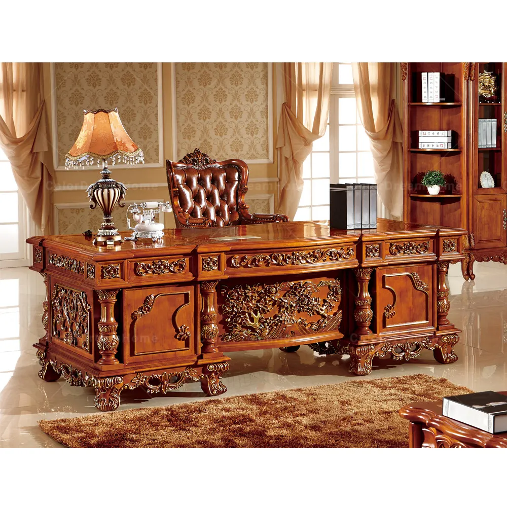 Americano classico mobili per ufficio di lusso fatti a mano in legno massello intagliato Scrivanie e sedie in pelle marrone