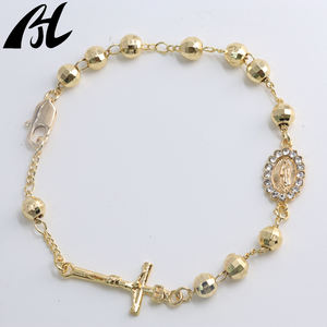 프로모션 14K 옐로우 골드 다이아몬드 컷 구슬 묵주 종교 가톨릭 예수 십자가 팔찌 성모 마리아 패션 매력 팔찌 - Product Image 2