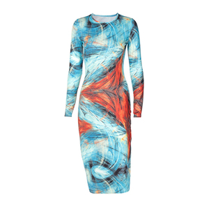 Nuove Donne di Modo Abbigliamento 2020 <span class=keywords><strong>Manica</strong></span> <span class=keywords><strong>Lunga</strong></span> O-Collo Blu Stampato Abiti Donna Casual <span class=keywords><strong>Midi</strong></span> Abiti Per Le Signore - Product Image 4