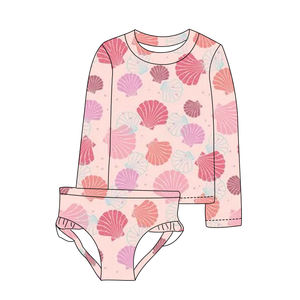Traje de Baño de 2 Piezas para Niñas, Diseño de Conchas Marinas, Camisa de Manga Larga y Pantalones Cortos con Volantes, Traje de Baño para Bebés - Product Image 4