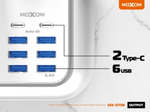 MOXOM Office Home UK EU Plug Socket 2M Power Strip <strong>Extension</strong> <strong>Lead</strong> Worldwide 4 Way Outlets 6 <strong>USB</strong> 2 Type C Ports Power Strip - Product Image 5