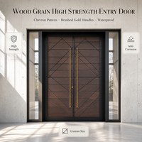 Porte d'entrée en bois grainé haute résistance anti-corrosion avec panneaux latéraux vitrés, poignées dorées brossées, étanche, taille personnalisée pour villa