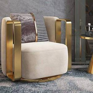 Sillón giratorio moderno de tela con estructura de metal dorado, sillón individual tapizado para sala de estar - Product Image 1