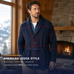 Cardigã Masculino de Tricô Longo com Cinto e Gola Xale Xadrez 100% Poliéster Vintage Jaqueta de Inverno Atacado OEM - Product Image 3