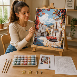 Kit Pittura a Numeri Personalizzato Città Mediterranea <span class=keywords><strong>Auto</strong></span> Rossa Vintage Scenografia Fai da Te Pittura Acrilica su Tela Stampata 40x50cm Paesaggio per Adulti - Product Image 2
