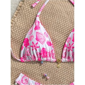 FOXA Women's 2 Piece <b>Bikini</b> Set Seashell Print Halter <b>String</b> Triangle Thong Swimwear Beach Outfit Stretch Spandex Polyester - Product Image 5