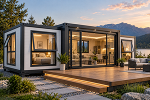 Maison conteneur moderne de forme rectangulaire, extérieur noir, terrasse en bois, portes coulissantes en verre, espace de vie extérieur - Product Image 4