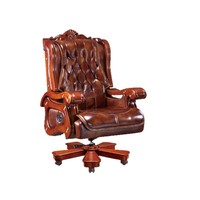 Chaise de direction de luxe à dossier haut en cuir marron avec structure en bois sculpté à la main et base roulante en bois pour bureau de PDG