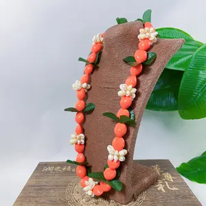 Hawaiian Artificial Acrylic Kukui Nut Lei Necklace Graduation Kukui Nut Cowrie Sea Shell Beads Necklace
