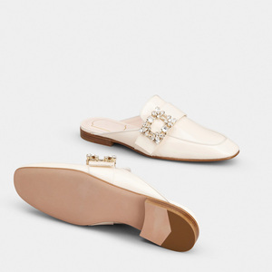 <b>Close</b> Square <b>Toe</b> PU Leather Upper Crystal Buckle Anti-Slippery Light Weight Flats <b>Mules</b> Women's Diamond - Product Image 5
