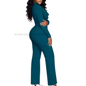 Women's <b>Flare</b>-Collar Straight-Leg Pants With Long Sleeves, Asymmetrical Solid-Color Jumpsuit Fashion - Product Image 6