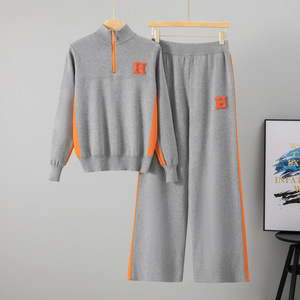 Costume <span class=keywords><strong>de</strong></span> sport décontracté pour femmes <span class=keywords><strong>de</strong></span> style européen Pull à manches longues et demi-fermeture éclair d'automne Ensemble <span class=keywords><strong>de</strong></span> pantalons larges en tricot deux pièces pour étrangers - Product Image 2