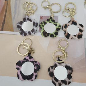 Miroir de maquillage compact rond en cuir PU imprimé UV motif léopard et fleurs, porte-clés, breloque de sac, 2026 - Product Image 3