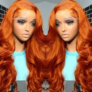 Wholesale Wear Go Glueless Ginger Orange Color Body Wave Peruvian Remy Hair Pre Cut Preplucked Lace Ginger Human Hair Wig