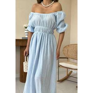 Vestido de lino azul claro con hombros descubiertos, cintura natural, corte holgado, transpirable, informal, para mujer - Product Image 2