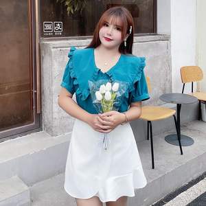 เสื้อเบลาส์แขนสั้นผ้าชีฟองสำหรับผู้หญิงขนาดใหญ่พิเศษคอปกปีเตอร์แพนแต่งระบายสีทึบ N8084ฤดูร้อน - Product Image 5