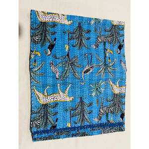 Handcrafted Cotton Kantha Quilt Bedspread Featuring Block <b>Printed</b> Motifs And Fine Stitching For Cozy Nights And Inviting <b>Bedroom</b> - Product Image 3