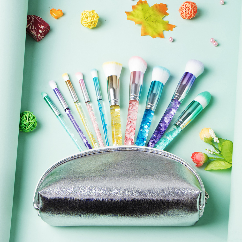 Colorful Bling Makeup Brushes Set Vegan With Transparent Crystal Flow Handle High Quality Beauty Makeup Brush