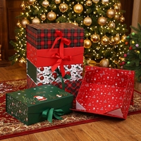 Boîte cadeau de Noël pliable en papier d'art avec gaufrage, revêtement UV, épaisseur 2 mm, ruban satiné, design de Noël personnalisé imprimé