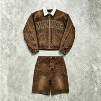 Ensemble 2 pièces en jean personnalisé avec lettres en strass, veste courte zippée à col contrastant blanc et short en jean détails surpiqués, style streetwear