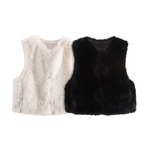 Gilet d'hiver tendance en fausse <span class=keywords><strong>fourrure</strong></span> blanc et <span class=keywords><strong>noir</strong></span> pour <span class=keywords><strong>femme</strong></span>, style streetwear ample et respirant, <span class=keywords><strong>sans</strong></span> manches, col montant, pour <span class=keywords><strong>femme</strong></span> mature - Product Image 3