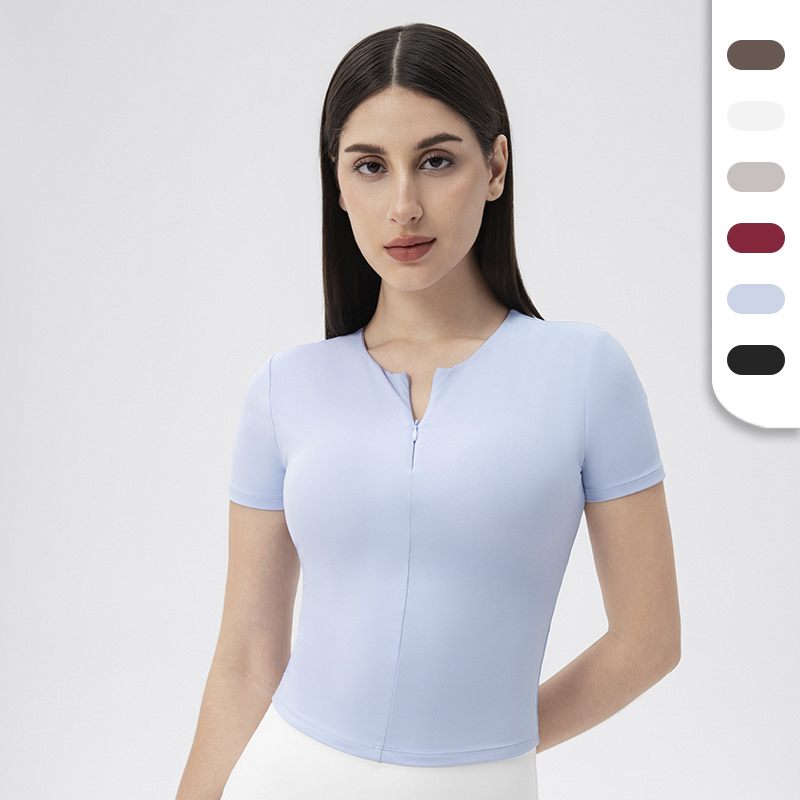 Womens Fitted Short Sleeve T-shirts with Half Zip Closure Sports Wearing Yoga Tops with Breast Pad Custom Logo Stretch Shirts