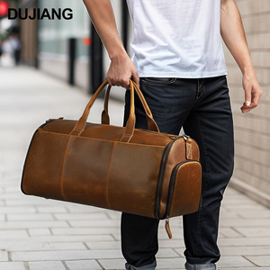 Bolsa de Viaje de Cuero Crazy Horse Dujiang, Gran Capacidad, Asa Desmontable, Cierre de Cremallera, Color Sólido - Product Image 2