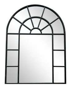مرآة قوسية سوداء كلاسيكية كبيرة ذات إطار معدني، مرآة طويلة كبيرة بطول كامل لاستخدام النافذة لخلع الملابس، مرآة جدارية شبكية، مرآة غير منتظمة الشكل