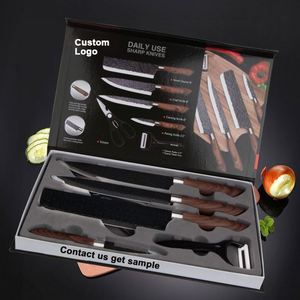 Juego de 6 Cuchillos de Cocina de Acero Inoxidable con Mango con Patrón de Grano de Madera, Herramienta de Corte y Pelado, Tijeras, Venta Caliente - Product Image 1