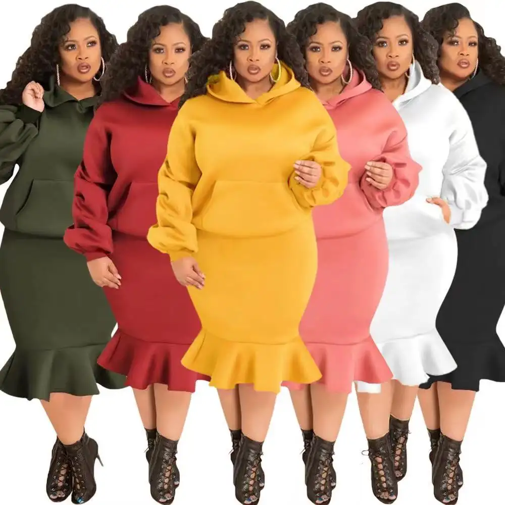 J&H fashion leisure wear two piece set 5XL plus size clothing women's hoodie pullover solid color pencil skirt ruffled bottoms