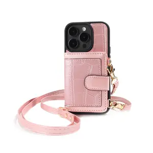 Casing kulit pelindung Mode dengan tekstur buaya slot kartu dompet tali gantung selempang untuk iPhone 15 casing ponsel