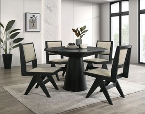 5pc Black Wooden <b>Dining</b> Set with Gray Upholstery Tempered Wood <b>Top</b> <b>Table</b> Chairs 48" Round Apartment-Friendly - Product Image 4