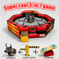 Plateforme de jeu gonflable 3-en-1 avec bras interchangeables (taureau, planche de surf et balai) en PVC commercial pour carnaval