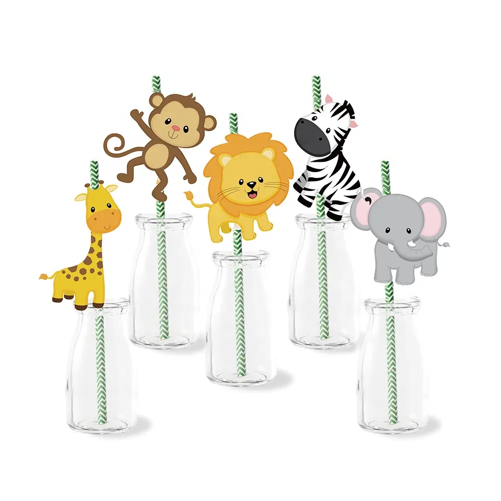 Бумажные соломинки с вырезами Huancai, праздничные сувениры в стиле джунглей, 36Cts, бумажные соломинки с животными в стиле джунглей для сафари, товары для дня рождения