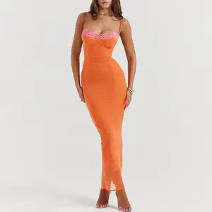 Classic Flame Women's Elegant Summer Maxi Dress Orange Bodycon With Lace For Evening Wear Birthday Celebrations Casual Vestidos
